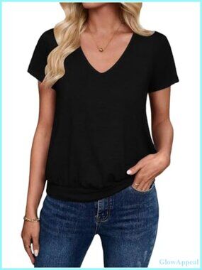 Women's V-Neck Short Sleeve Banded Bottom T-Shirt Casual Loose Summer Tee